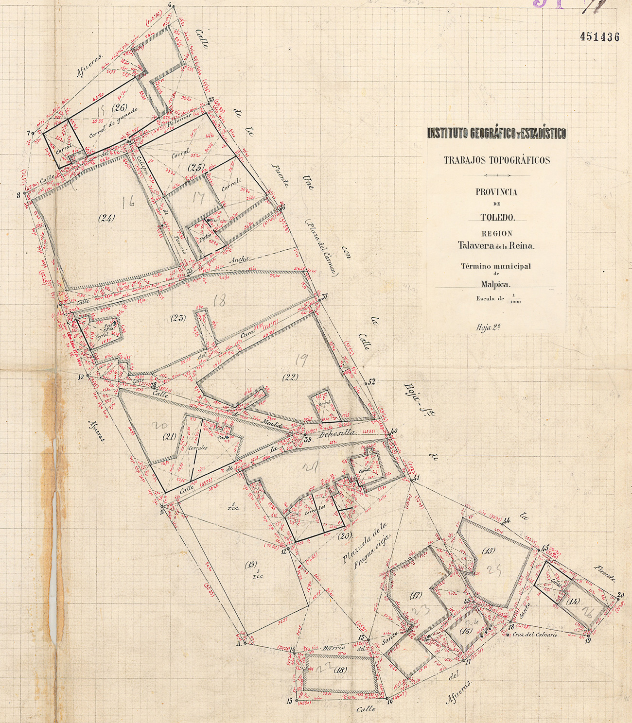 Detalle del plano topográfico del IGE,1882, Malpica de Tajo, hoja 2 Detalle del plano topográfico del IGE,1882, Malpica de Tajo, hoja 2