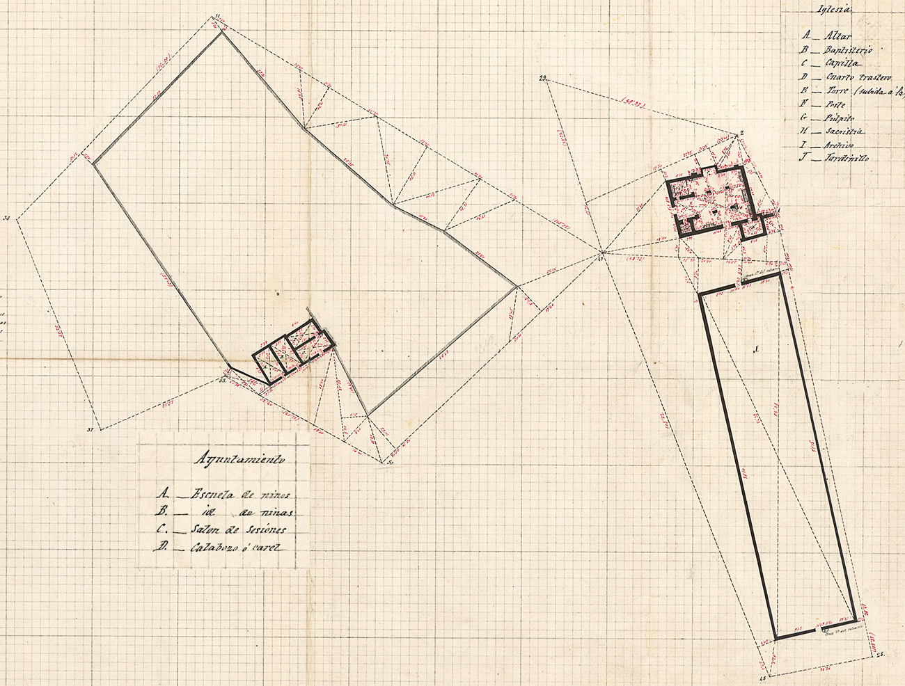 Detalle del plano topográfico del IGE,1882, sobre el Ayuntamiento y la iglesia de Malpica de Tajo Detalle del plano topográfico del IGE,1882, sobre el Ayuntamiento y la iglesia de Malpica de Tajo