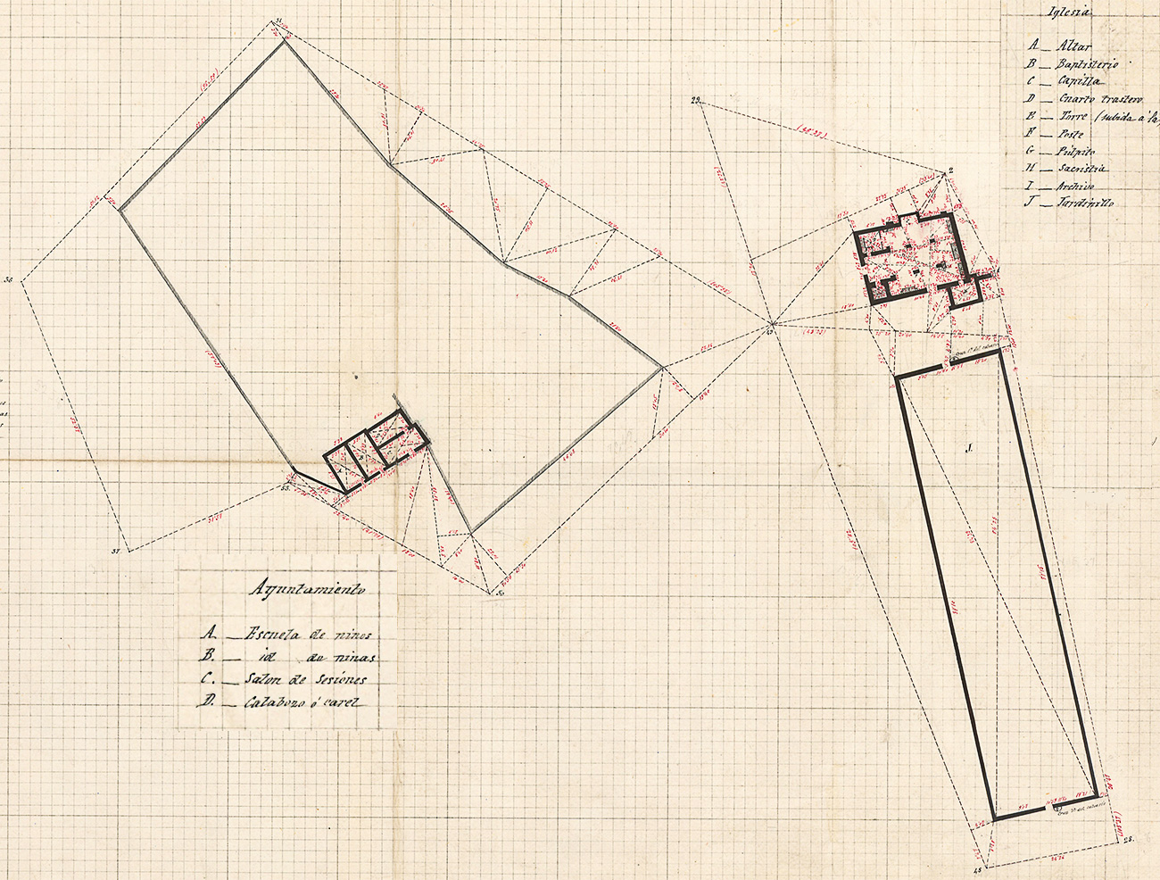 Detalle del plano topográfico del IGE,1882, sobre el Ayuntamiento y la iglesia de Malpica de Tajo