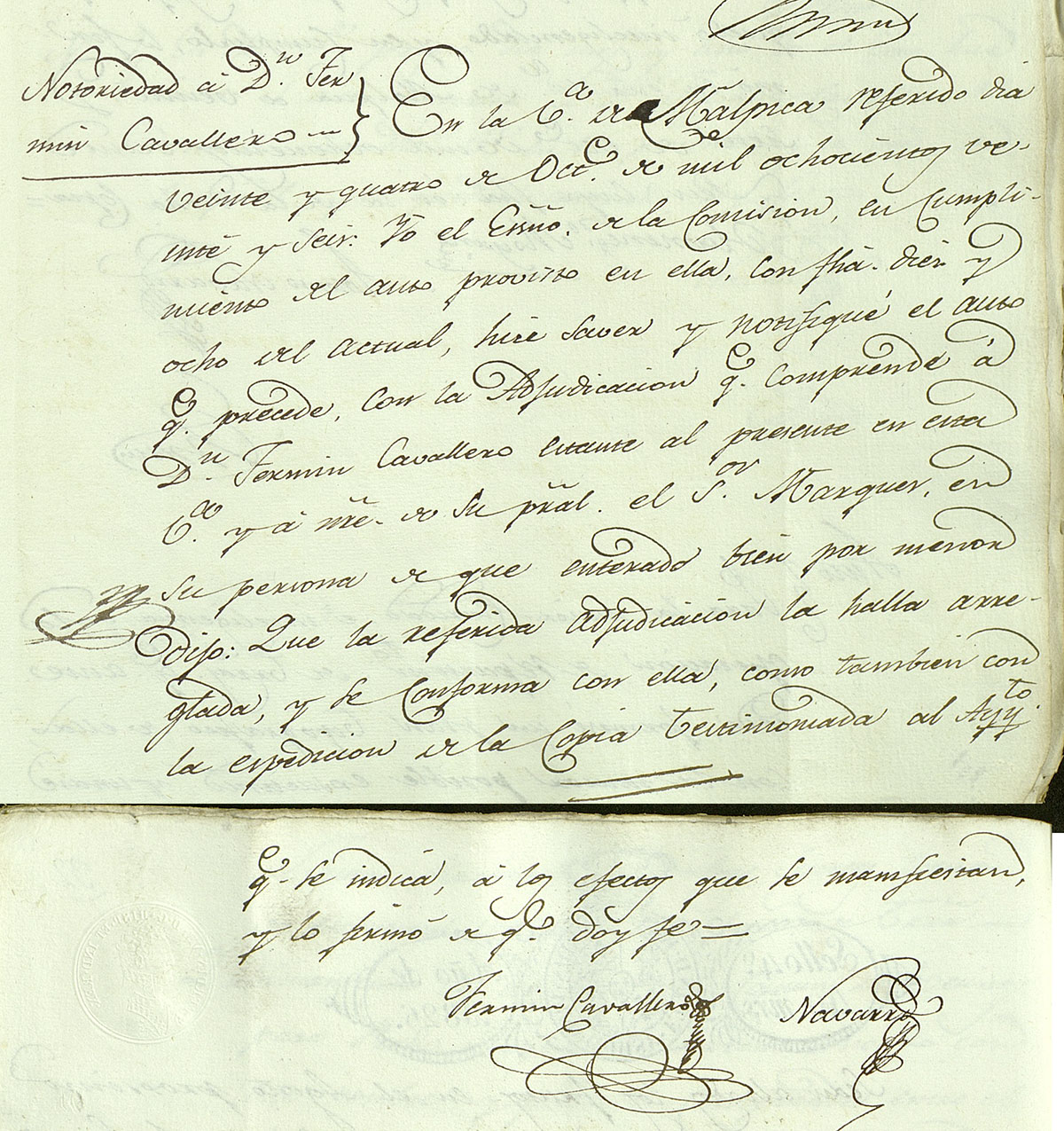 Notificación del y conformidad con el reparto de las 83 suertes de las tierras, en usufructo, de Malpica en 1826 a D. Fermín Caballero Notificación del y conformidad con el reparto de las 83 suertes de las tierras, en usufructo, de Malpica en 1826 a D. Fermín Caballero