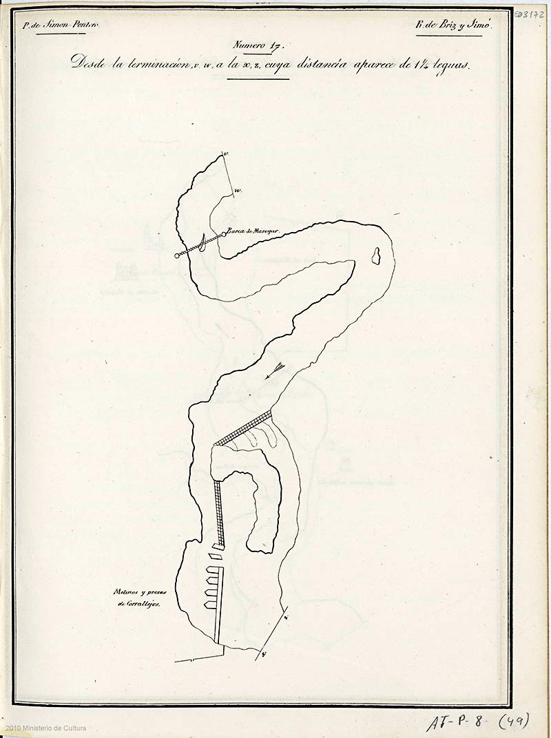 Planos de reconocimiento de las riberas del Tajo, desde la desembocadura del arroyo de Mesegar de Tajo hasta los molinos de Corralejos realizado por José Briz y Pedro Simón Gil en 1755