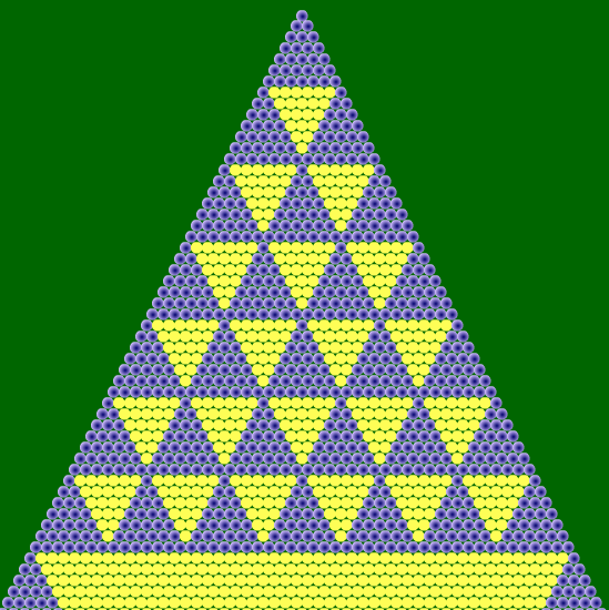 Patrón de Sierpinski obtenido al colorear, en el triángulo de Pascal, múltiplos de 7 Patrón de Sierpinski obtenido al colorear, en el triángulo de Pascal, los múltiplos de 7