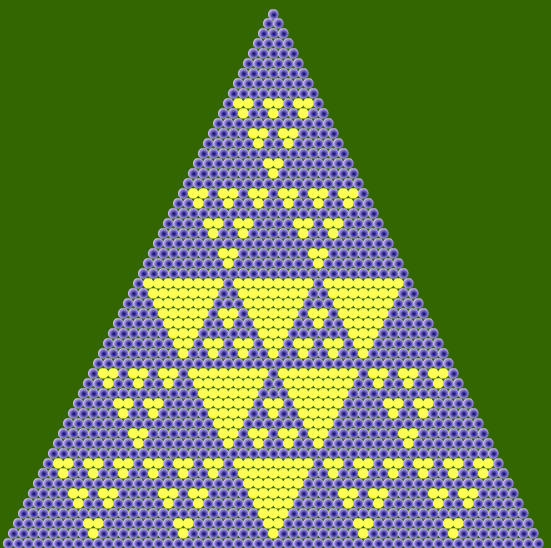 Patrón de Sierpinski obtenido al colorear, en el triángulo de Pascal, múltiplos de 9